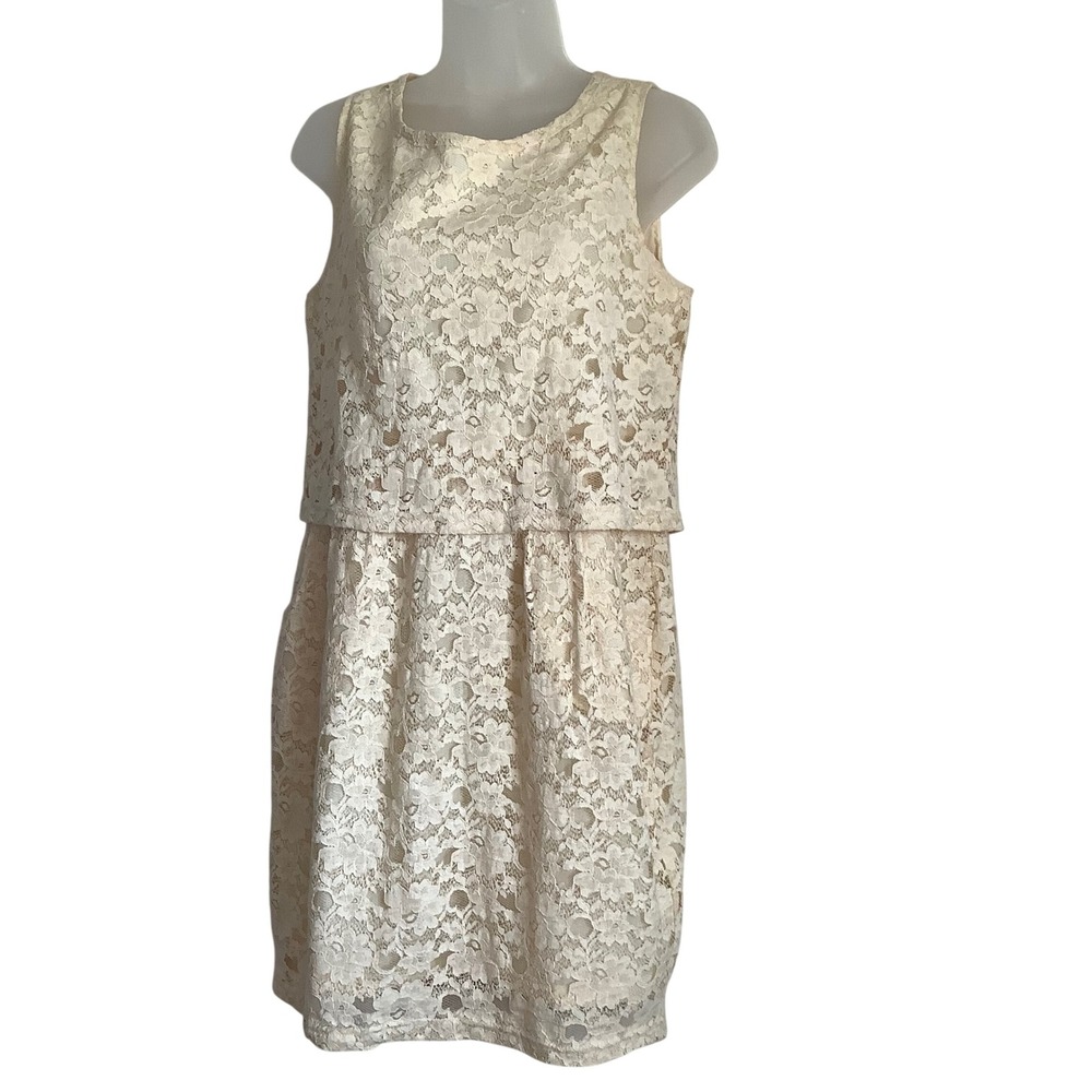 Tulle Anthropologie Cream Floral Lace Sleeveless Popover Tiered Dress NWT SZ Med